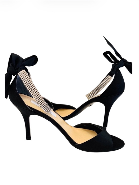 Nina Shoes - Nina Black Satin Rhinestone Strap Bow Tie Back Heels Size 8 1/2